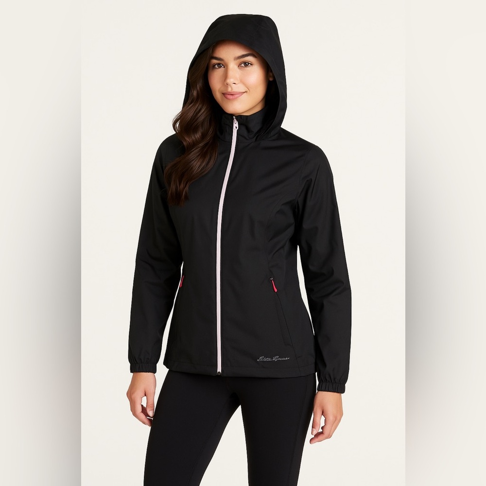 Eddie Bauer Women’s WeatherEdge Black Hooded Rain Jacket Size Small